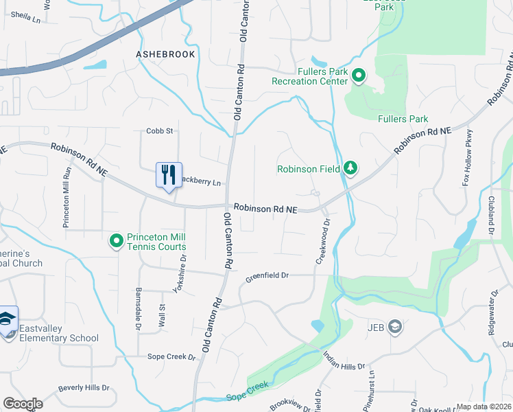 map of restaurants, bars, coffee shops, grocery stores, and more near Mockingbird Lane in East Cobb