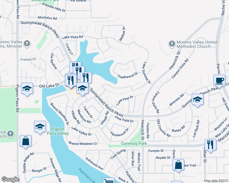 map of restaurants, bars, coffee shops, grocery stores, and more near 23770 Waterleaf Circle in Moreno Valley
