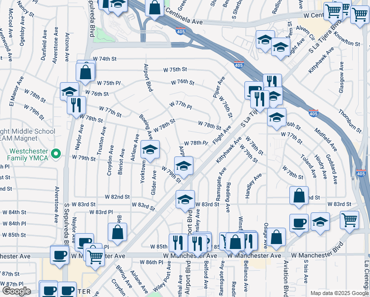 map of restaurants, bars, coffee shops, grocery stores, and more near 7872 Airport Boulevard in Los Angeles