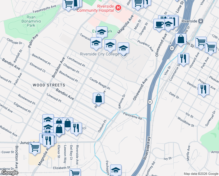map of restaurants, bars, coffee shops, grocery stores, and more near 3589 Castle Reagh Place in Riverside