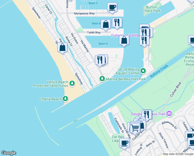 map of restaurants, bars, coffee shops, grocery stores, and more near 129 Channel Pointe Mall in Marina del Rey
