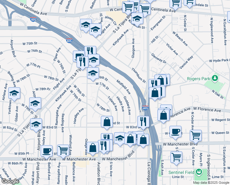 map of restaurants, bars, coffee shops, grocery stores, and more near 5401 West 77th Street in Los Angeles