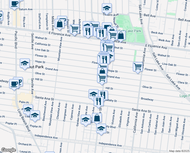 map of restaurants, bars, coffee shops, grocery stores, and more near 3156 Grand Avenue in Huntington Park