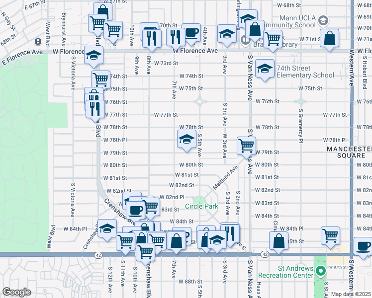 map of restaurants, bars, coffee shops, grocery stores, and more near 2703 West 79th Street in Inglewood