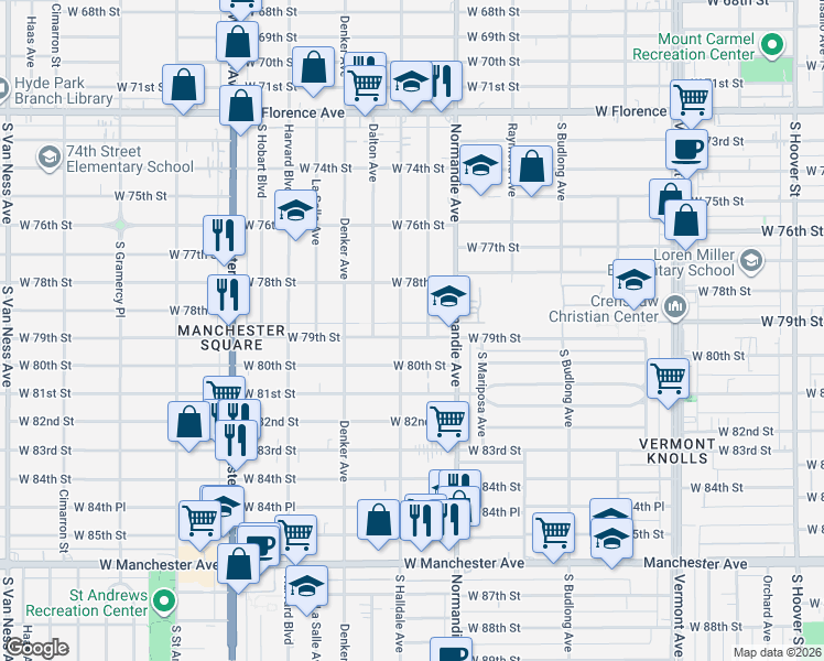 map of restaurants, bars, coffee shops, grocery stores, and more near 1447 West 79th Street in Los Angeles