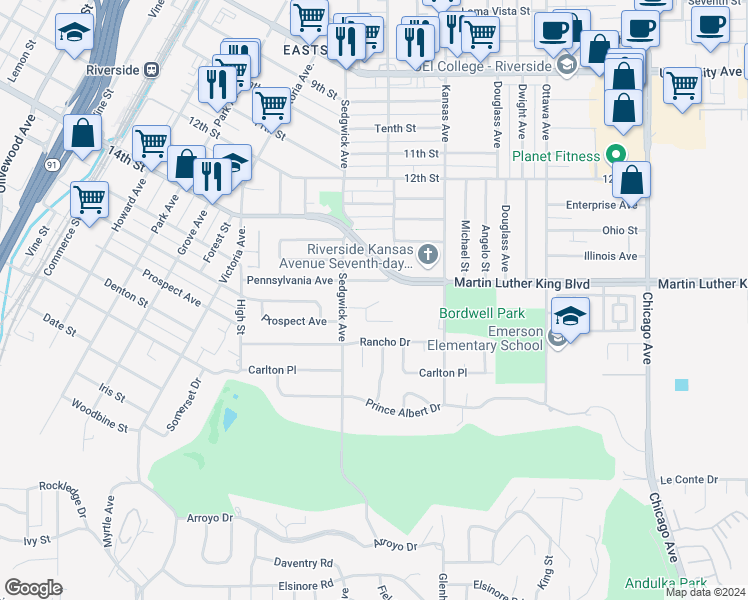 map of restaurants, bars, coffee shops, grocery stores, and more near 2367 Prospect Avenue in Riverside