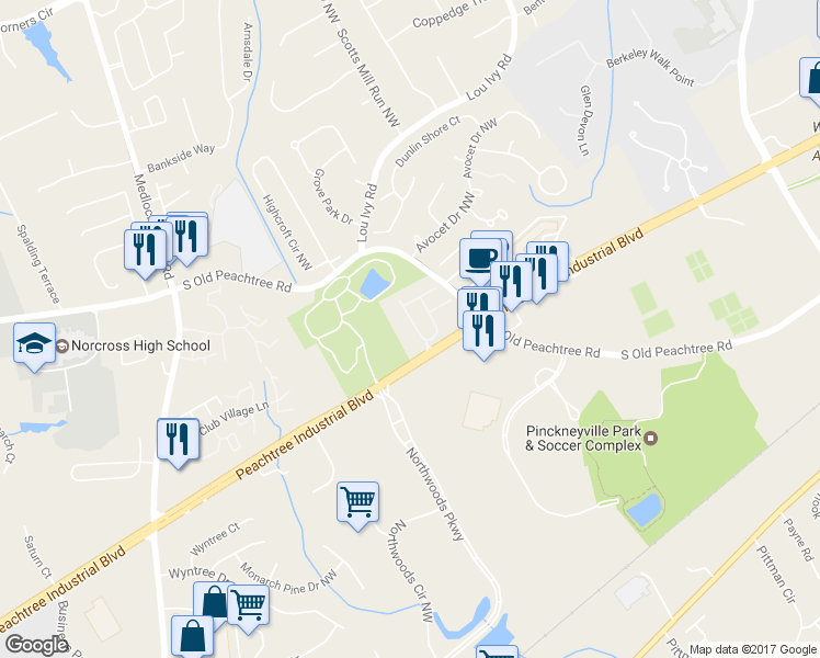 map of restaurants, bars, coffee shops, grocery stores, and more near 4916 Berkeley Oak Circle in Norcross