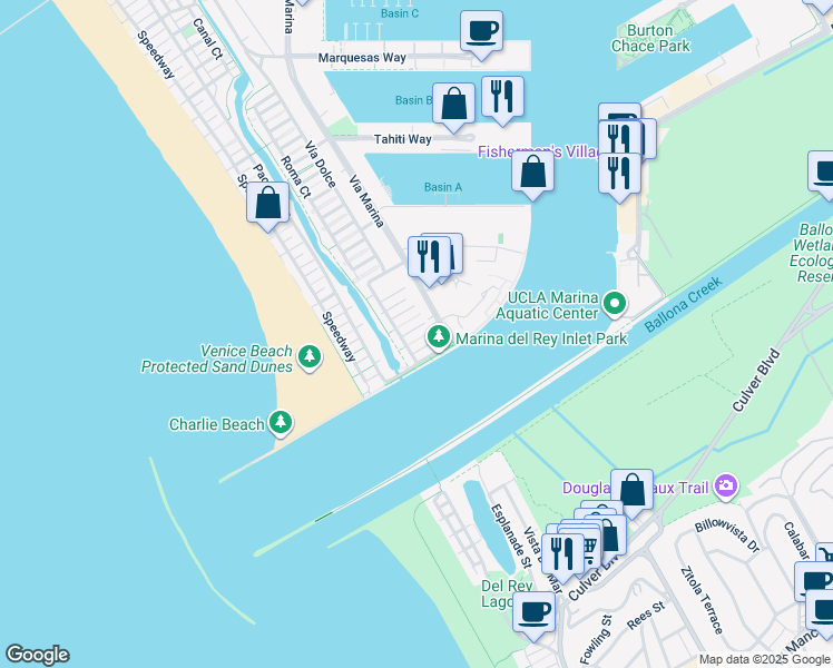 map of restaurants, bars, coffee shops, grocery stores, and more near 129 Channel Pointe Mall in Marina del Rey