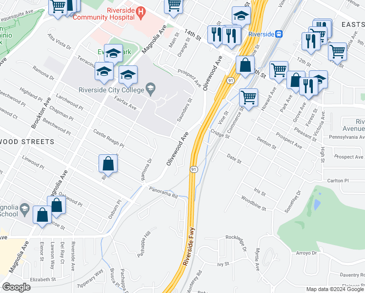 map of restaurants, bars, coffee shops, grocery stores, and more near 4909 Brooks Street in Riverside