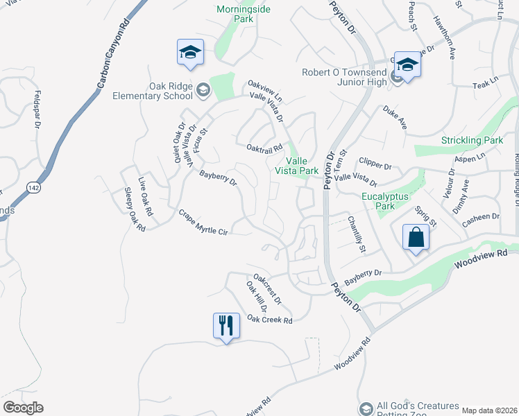 map of restaurants, bars, coffee shops, grocery stores, and more near 15737 Altamira Drive in Chino Hills