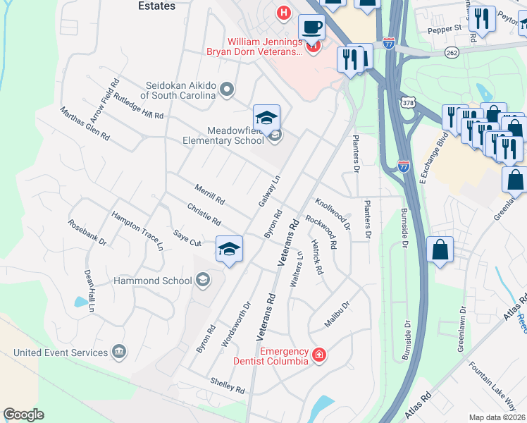 map of restaurants, bars, coffee shops, grocery stores, and more near 626 Galway Lane in Columbia