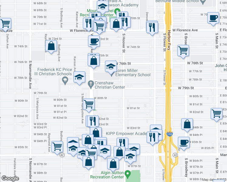 map of restaurants, bars, coffee shops, grocery stores, and more near 840 West 79th Street in Los Angeles