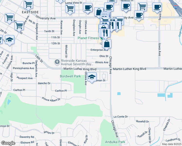 map of restaurants, bars, coffee shops, grocery stores, and more near 1884 Redfield Road in Riverside