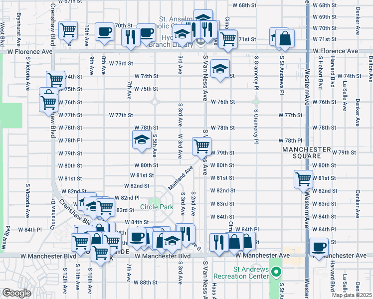 map of restaurants, bars, coffee shops, grocery stores, and more near 2403 West 79th Street in Inglewood