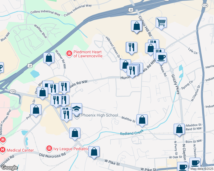 map of restaurants, bars, coffee shops, grocery stores, and more near 559 Whitehall Lane in Lawrenceville