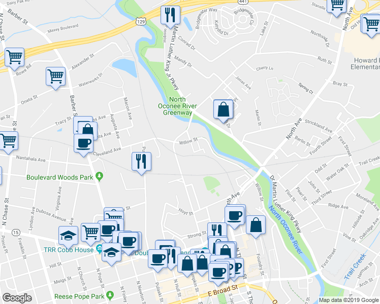 map of restaurants, bars, coffee shops, grocery stores, and more near 555 Willow Street in Athens