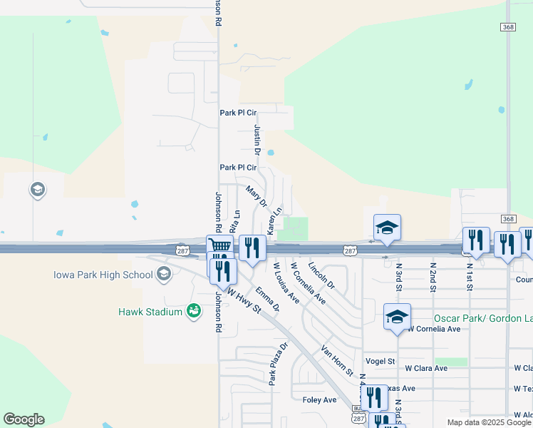 map of restaurants, bars, coffee shops, grocery stores, and more near 1512 Karen Lane in Iowa Park