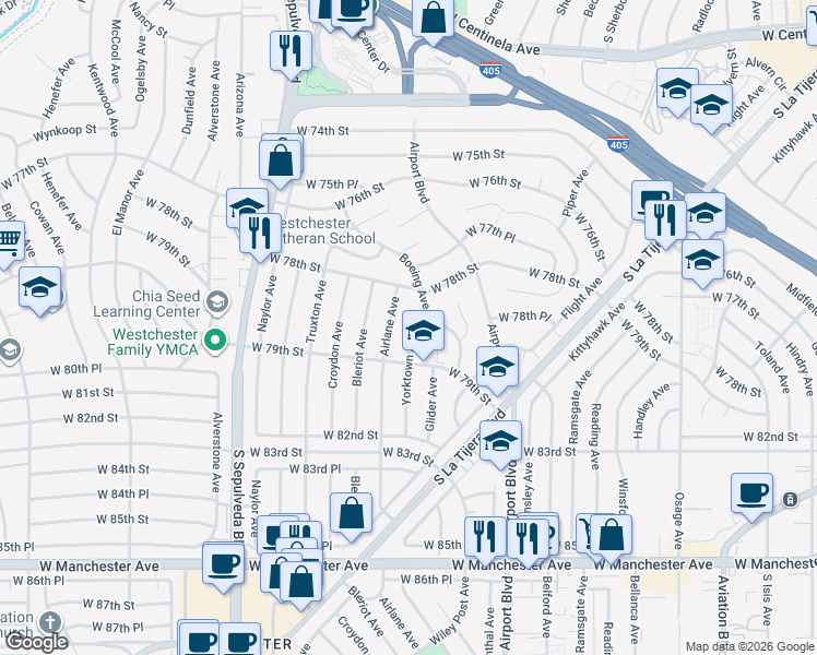 map of restaurants, bars, coffee shops, grocery stores, and more near 7841 Yorktown Avenue in Los Angeles