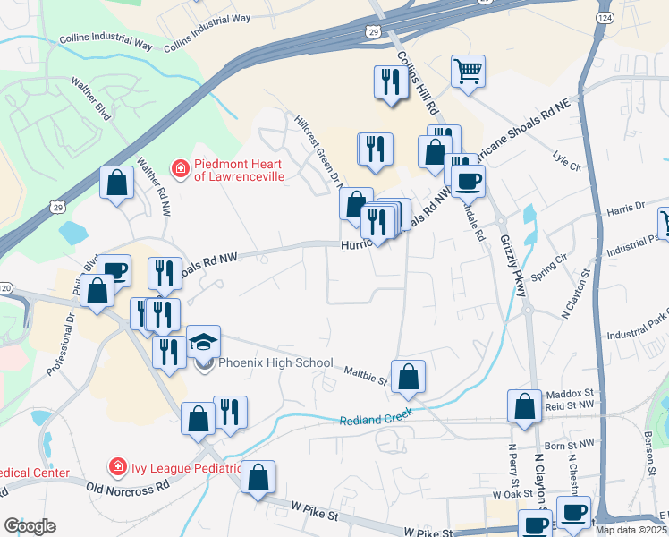 map of restaurants, bars, coffee shops, grocery stores, and more near 551 Downing Street in Lawrenceville
