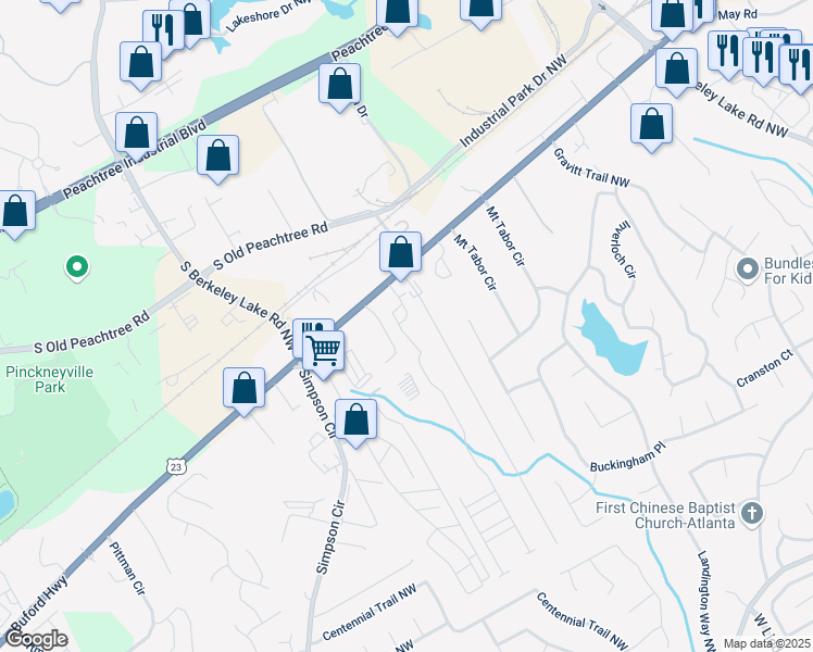 map of restaurants, bars, coffee shops, grocery stores, and more near 2951 Township Glen Lane in Norcross