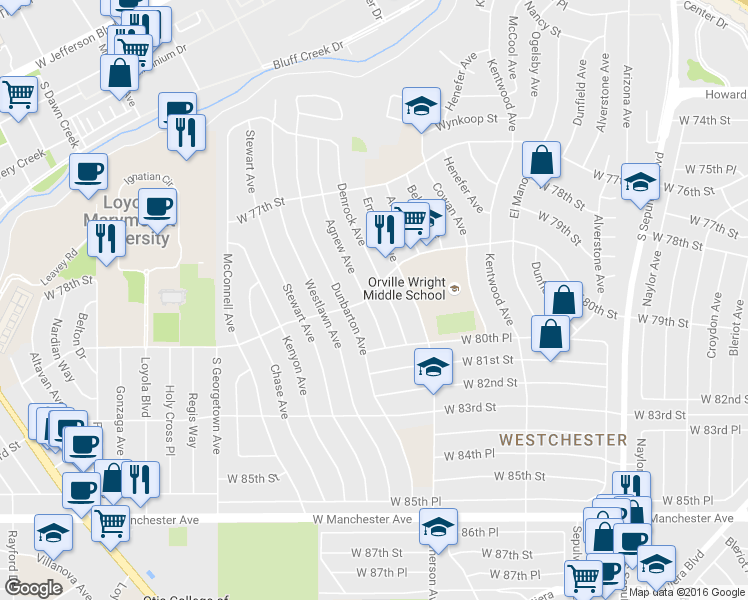 map of restaurants, bars, coffee shops, grocery stores, and more near 6650 W 80th St in Los Angeles