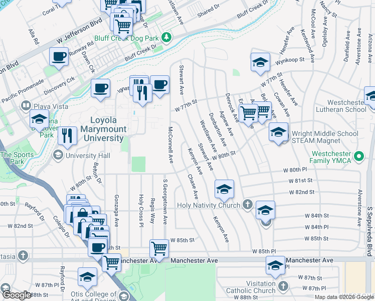map of restaurants, bars, coffee shops, grocery stores, and more near 7919 Kenyon Avenue in Los Angeles