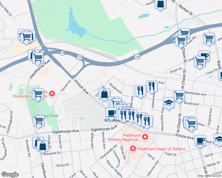 map of restaurants, bars, coffee shops, grocery stores, and more near 275 Boulevard Heights in Athens