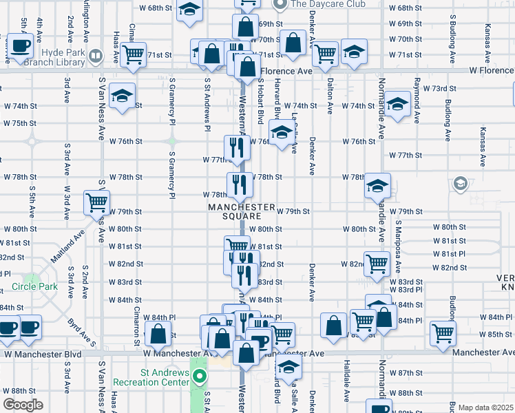 map of restaurants, bars, coffee shops, grocery stores, and more near 1733 West 79th Street in Los Angeles