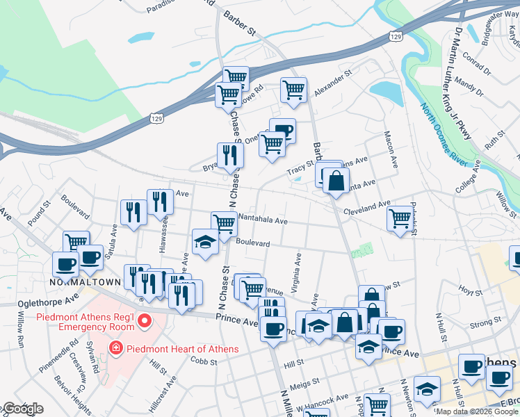 map of restaurants, bars, coffee shops, grocery stores, and more near 380 Nantahala Avenue in Athens