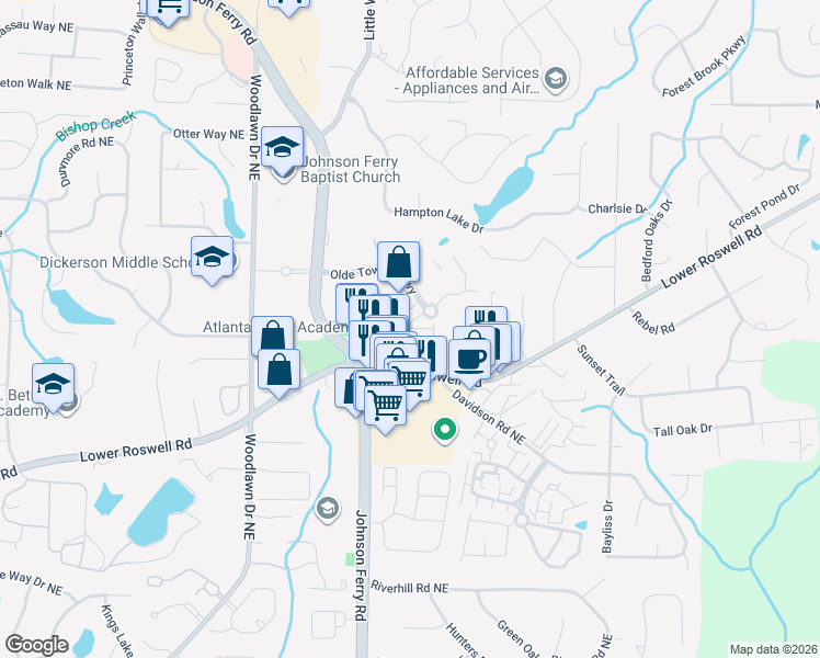 map of restaurants, bars, coffee shops, grocery stores, and more near 5000 Olde Towne Parkway in Marietta