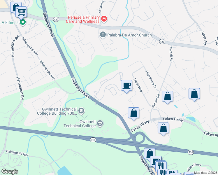 map of restaurants, bars, coffee shops, grocery stores, and more near 5355 Sugarloaf Parkway in Lawrenceville