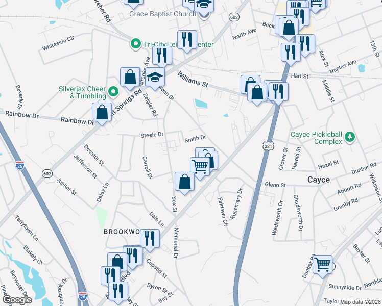 map of restaurants, bars, coffee shops, grocery stores, and more near 1105 Sox Street in West Columbia