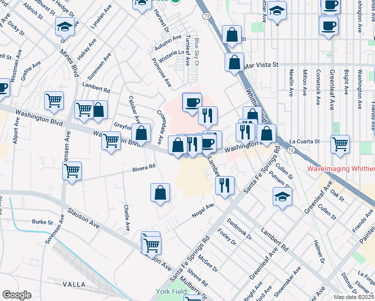 map of restaurants, bars, coffee shops, grocery stores, and more near 12393 Washington Boulevard in Whittier