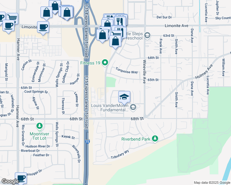 map of restaurants, bars, coffee shops, grocery stores, and more near 12073 Geode Street in Jurupa Valley