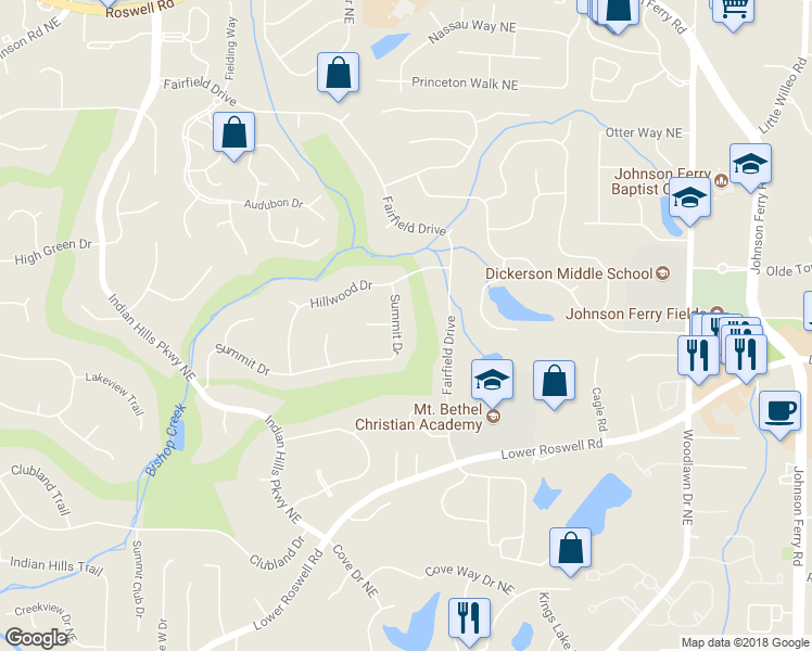 map of restaurants, bars, coffee shops, grocery stores, and more near 4290 Summit Drive in Marietta