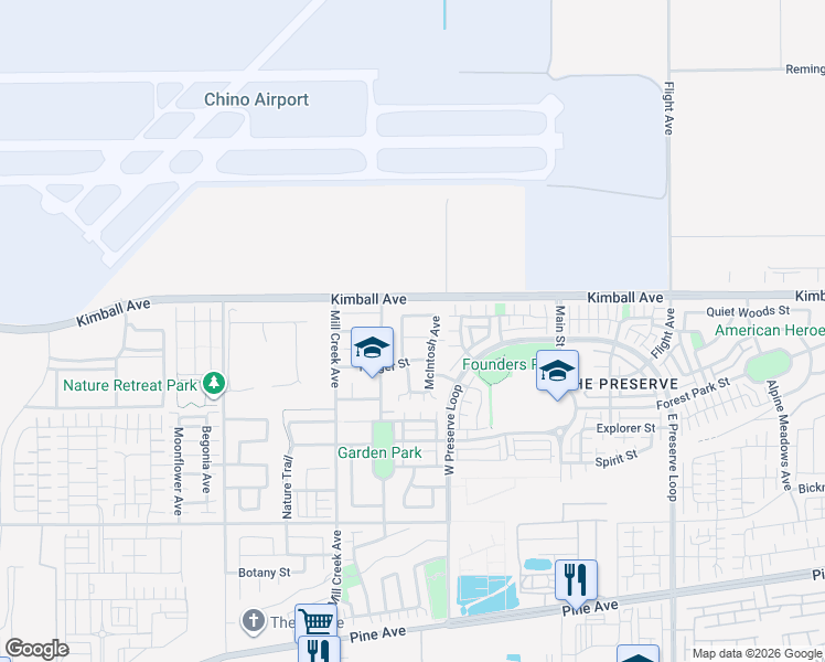 map of restaurants, bars, coffee shops, grocery stores, and more near 8036 Englesma Street in Chino