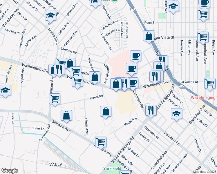 map of restaurants, bars, coffee shops, grocery stores, and more near 12219 Washington Blvd in Whittier