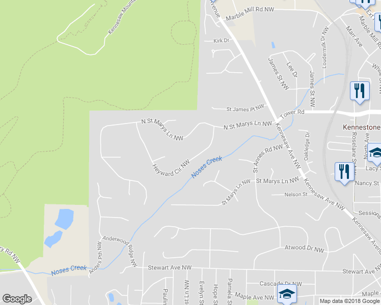 map of restaurants, bars, coffee shops, grocery stores, and more near 567 Heyward Circle Northwest in Marietta