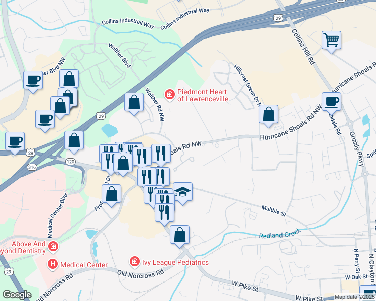map of restaurants, bars, coffee shops, grocery stores, and more near 523 Hurricane Shoals Road Northwest in Lawrenceville