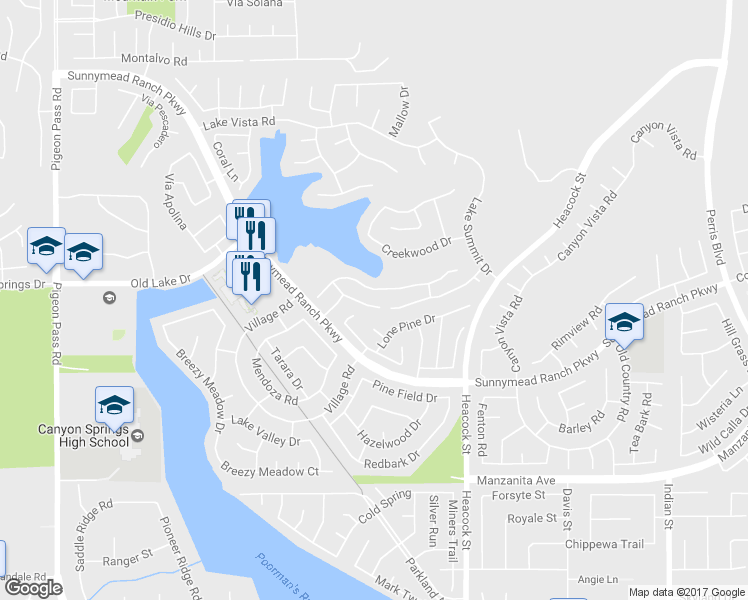 map of restaurants, bars, coffee shops, grocery stores, and more near 23770 Waterleaf Circle in Moreno Valley
