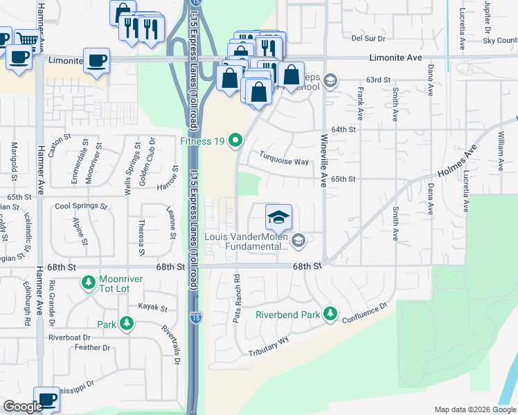 map of restaurants, bars, coffee shops, grocery stores, and more near 12073 Geode Street in Jurupa Valley