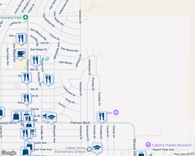 map of restaurants, bars, coffee shops, grocery stores, and more near 11115 Foxdale Drive in Desert Hot Springs
