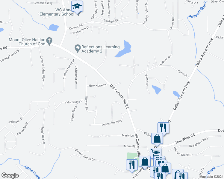 map of restaurants, bars, coffee shops, grocery stores, and more near 5160 Old Cartersville Road in Dallas