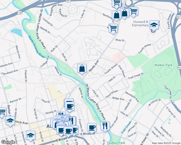 map of restaurants, bars, coffee shops, grocery stores, and more near 100 Fifth Street in Athens