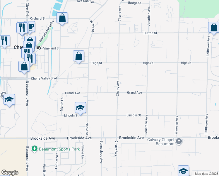 map of restaurants, bars, coffee shops, grocery stores, and more near 10596 El Monte Drive in Cherry Valley