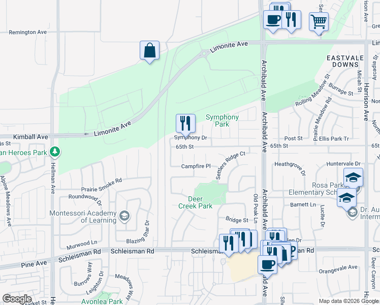map of restaurants, bars, coffee shops, grocery stores, and more near 6617 Yuma Terrace Court in Corona