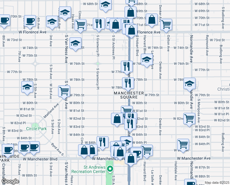map of restaurants, bars, coffee shops, grocery stores, and more near 1859 West 79th Street in Los Angeles