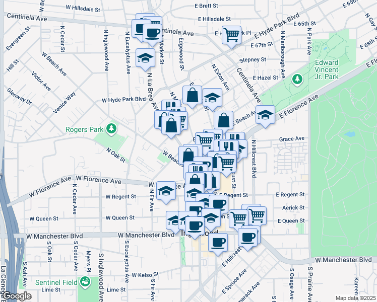 map of restaurants, bars, coffee shops, grocery stores, and more near 320 North La Brea Avenue in Inglewood