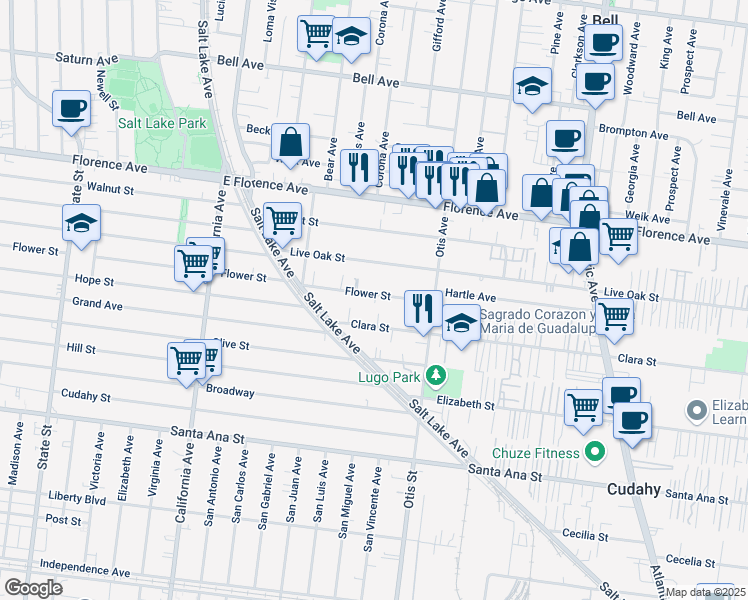 map of restaurants, bars, coffee shops, grocery stores, and more near 4008 Flower Street in Cudahy