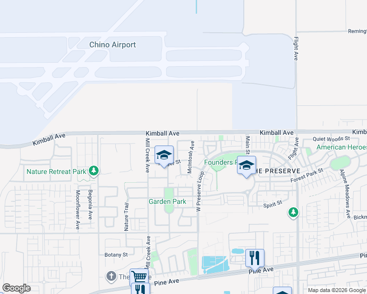 map of restaurants, bars, coffee shops, grocery stores, and more near 8042 Englesma Street in Chino